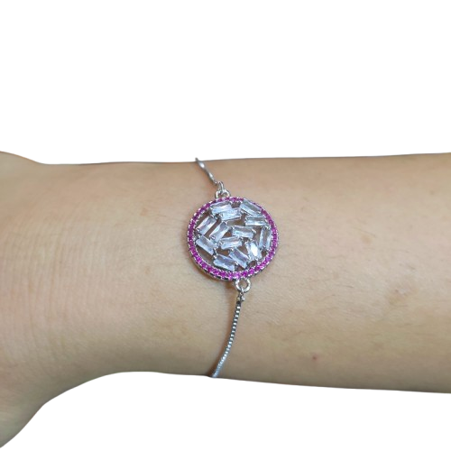 Elegant Pink & Silver Adjustable Bracelet with Crystal Accents