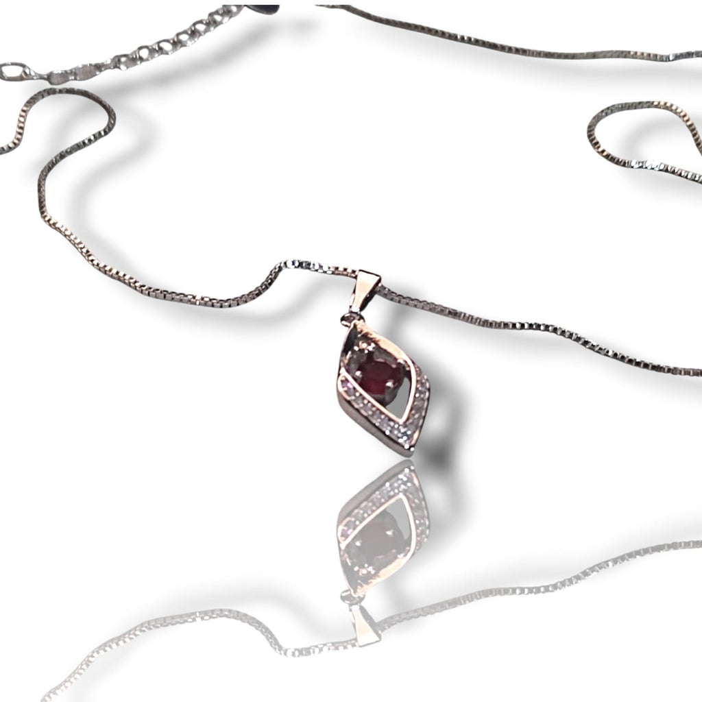 Elegant Silver-Plated Pendant Necklace with Marquise Red Stone & CZ Accents