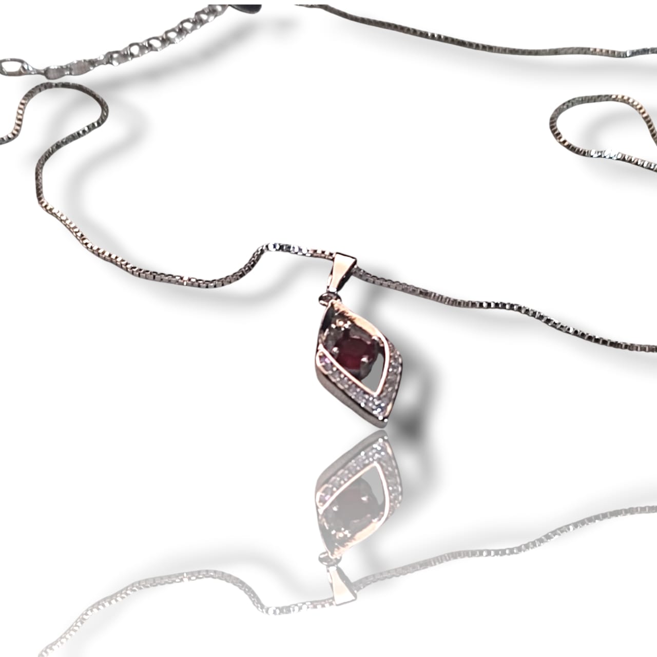 Elegant Silver-Plated Pendant Necklace with Marquise Red Stone & CZ Accents