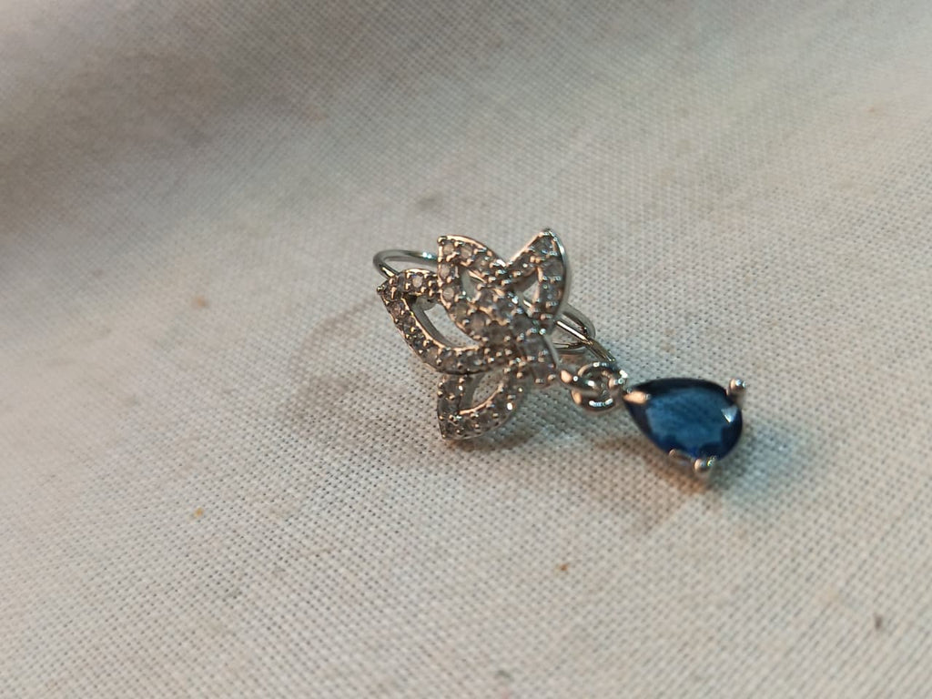 Silver-Plated Floral Ring with Blue Teardrop Gemstone