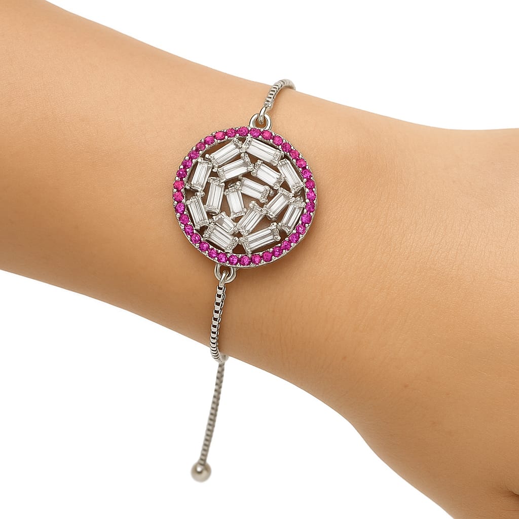 Elegant Pink & Silver Adjustable Bracelet with Crystal Accents