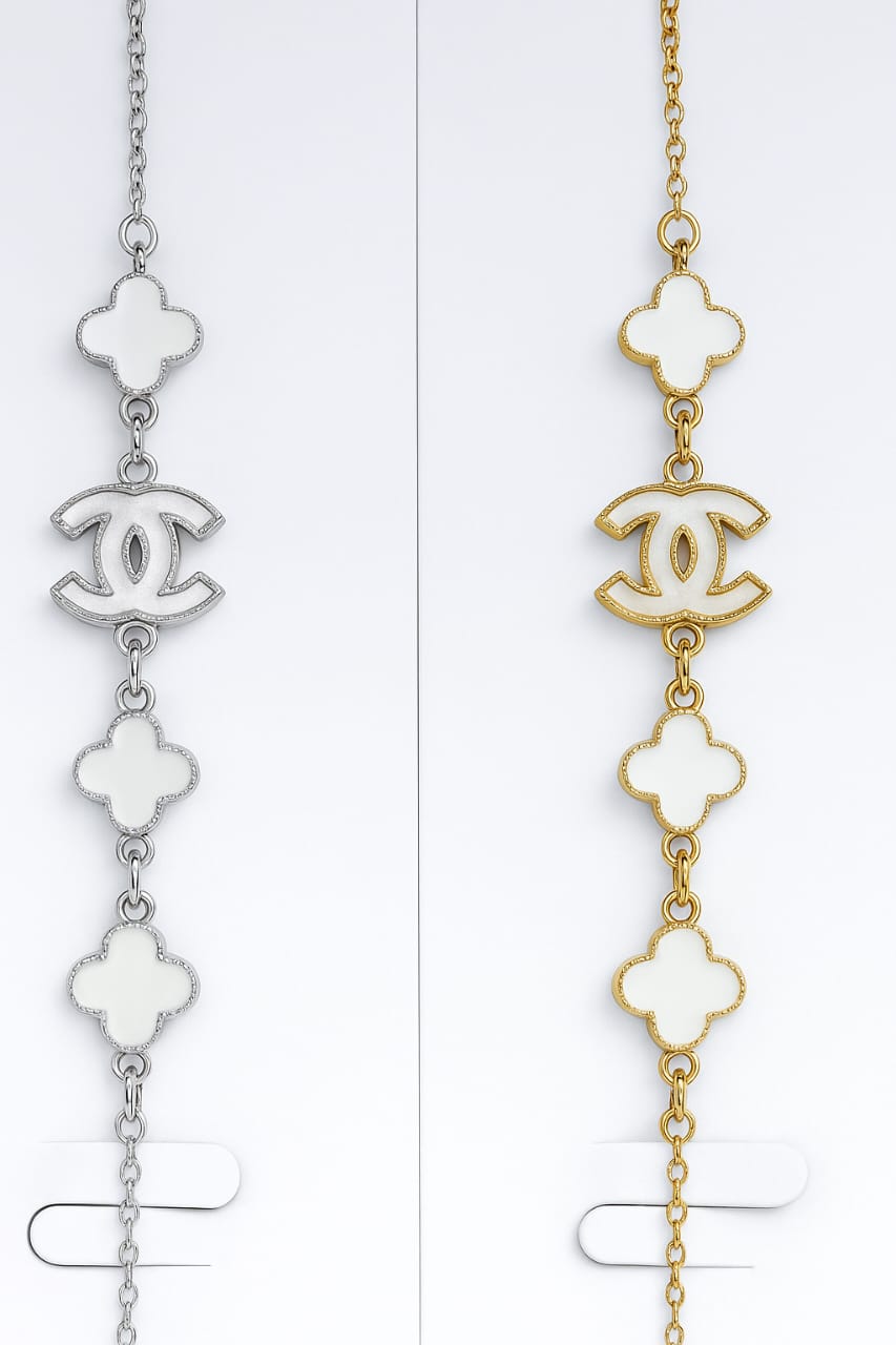 Elegant Chanel-Inspired Clover & Logo Chain Bracelets – Gold & Silver Finishes