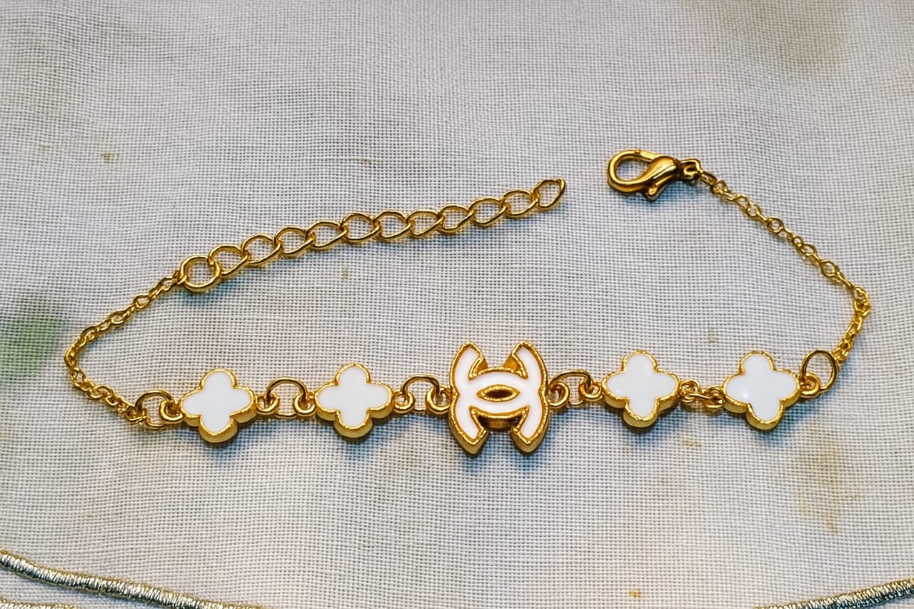 Elegant Chanel-Inspired Clover & Logo Chain Bracelets – Gold & Silver Finishes